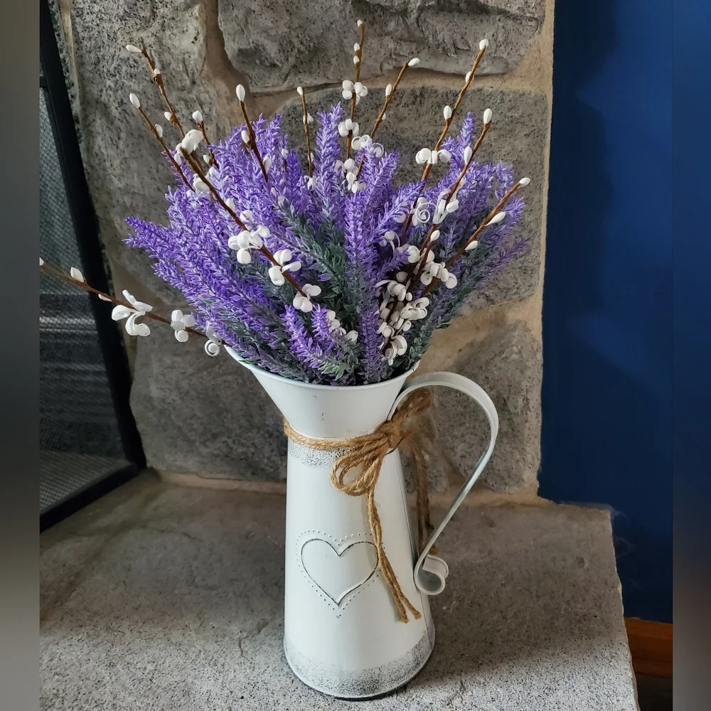 Lavender Artificial Flowers in Decorative Flower Pitcher